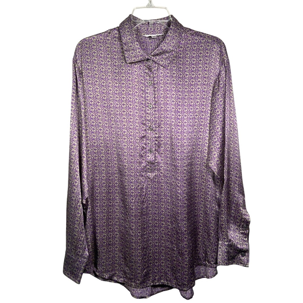CAbi 100% Silk Blouse Purple Geometric Oversized Button Shirt Womens L